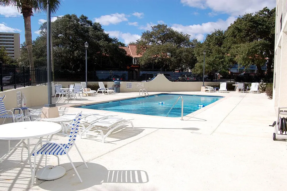 A sparkling swimming pool surrounded by inviting lounge chairs and lush palm trees, basking in sunlight. The area suggests a peaceful and exclusive atmosphere ideal for unwinding, with clear blue water and ample seating for residents to relax or socialize.