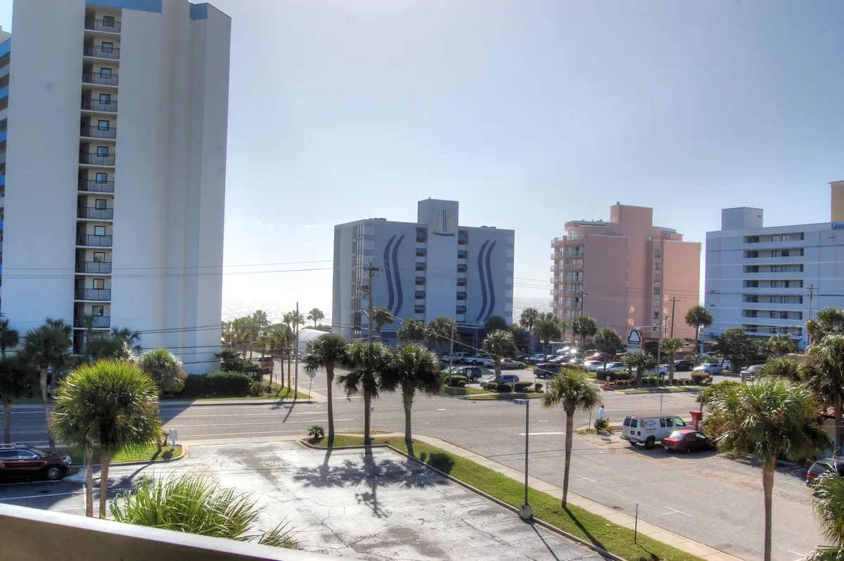This image offers a sweeping view of Myrtle Beach, featuring palm trees, nearby buildings, and a clear blue sky with the ocean visible in the background. The inviting scene captures the spirit of beachside relaxation and suggests proximity to both tranquil shorelines and vibrant local life.